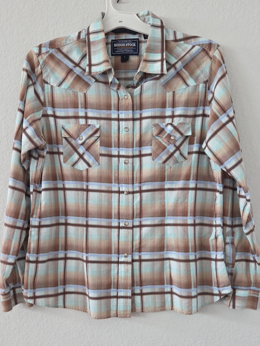 Rough Stock Women's Brown Blue Plaid Snap Button Shirt Slim Fit Made USA Western